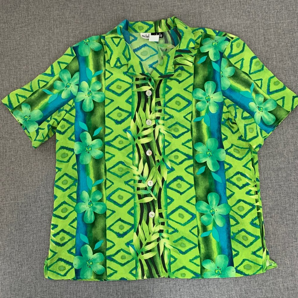 Michele Michelle vintage Green Button Down Shirt Size 14 Floral Top‎ retro